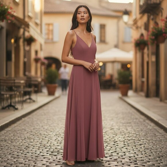 Jenny Yoo NWT Gown | Dusty Rose Chiffon | A-Line V-Neck Open Back | 29.5B - Picture 10 of 10